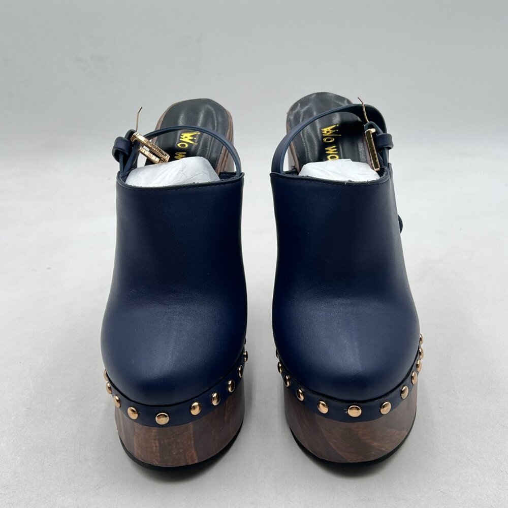 Navy Leather Studded Slingback Platform Heels - Picture 3 of 8
